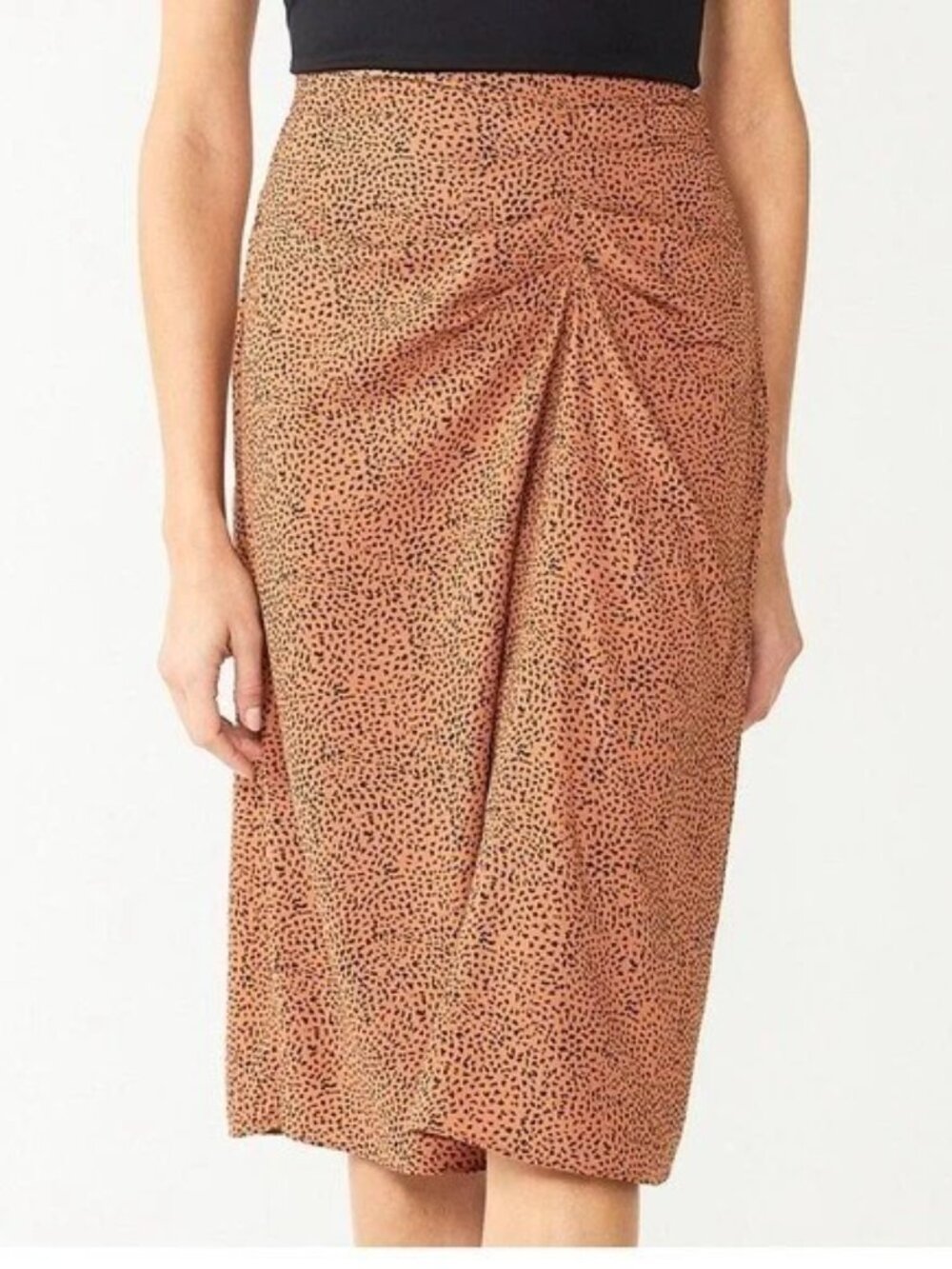 Tan/Black Abstract Dot Flowy Knee Length Skirt Ruch Detail Side Zip Size L